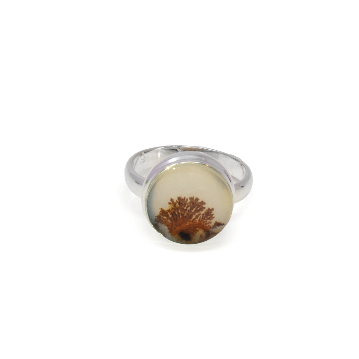 View of Dendritic Agate Ring - Round Simple Bezel set in 925 Sterling Silver Size 8