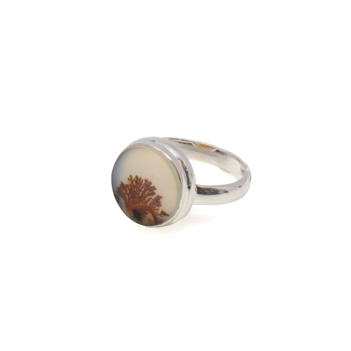 Dendritic Agate Ring - Round Simple Bezel set in 925 Sterling Silver Size 8