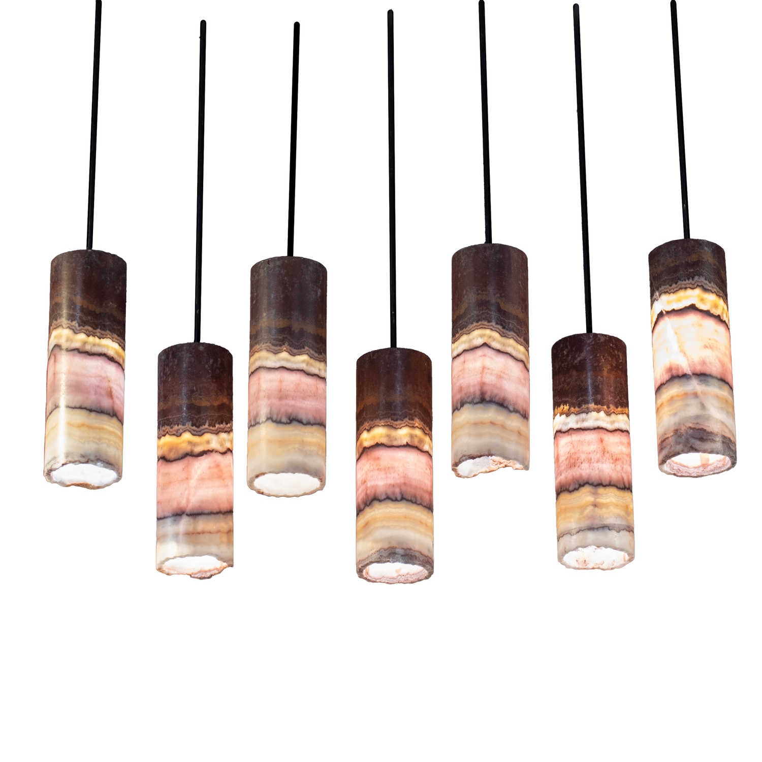 Pink Onyx Pendant Light with Black Line & Hardware - Set of 7 with Custom Canopy