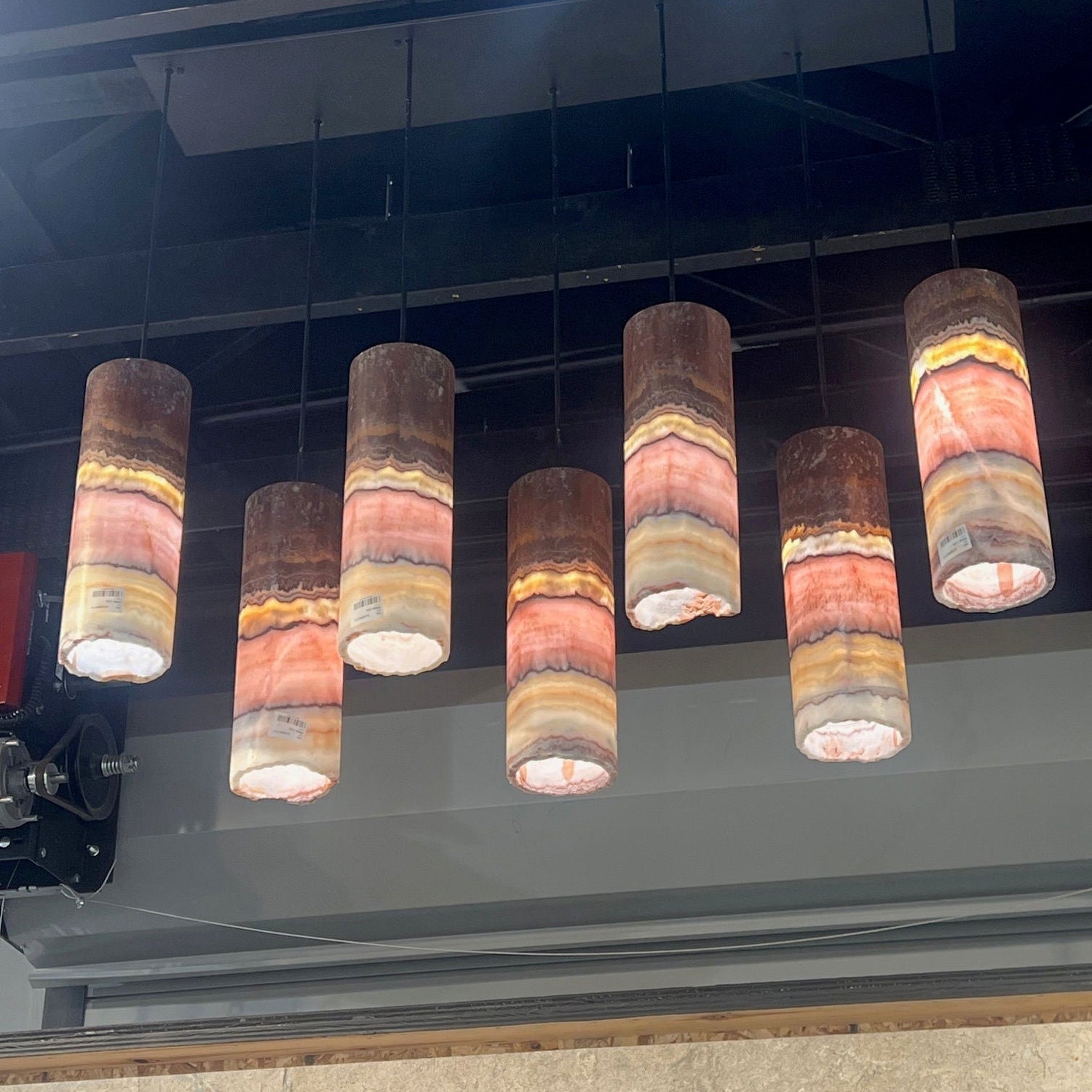 Pink Onyx Pendant Light with Black Line & Hardware - Set of 7 with Custom Canopy