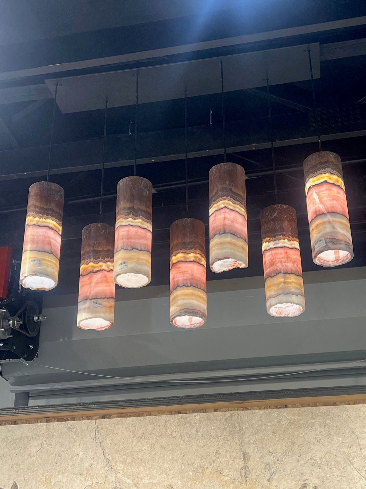 Pink Onyx Pendant Light with Black Line & Hardware - Set of 7 with Custom Canopy