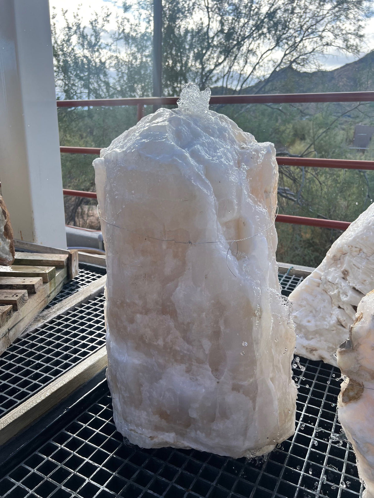 View of Ice White Onyx Boulder With Castle-Like Shape