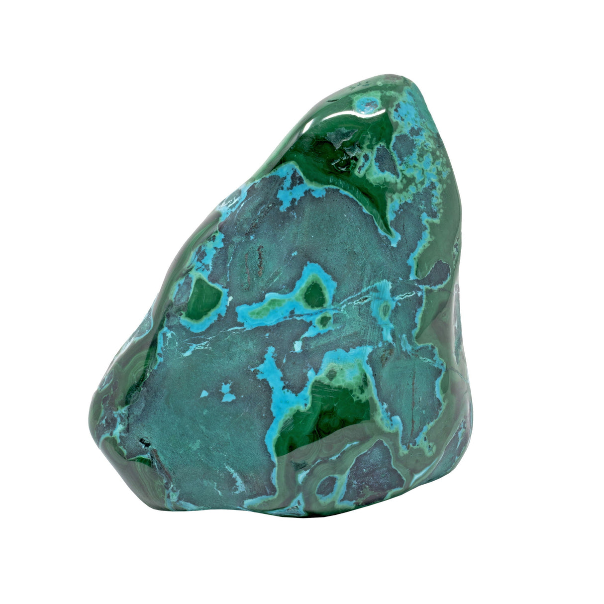 Chrysocolla Malachite Freeform Polished - Blue "River" Crossing Back and Forth Across the Face on Lucite Stand