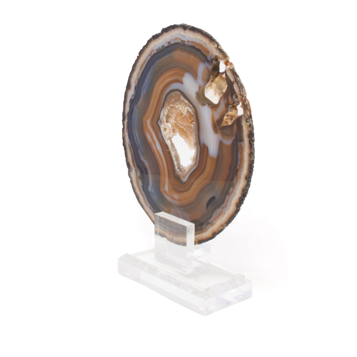 Agate Druze Slice On Acrylic Screw Stand - Densely Banded Blues & Browns with Exterior Geode Inclusions