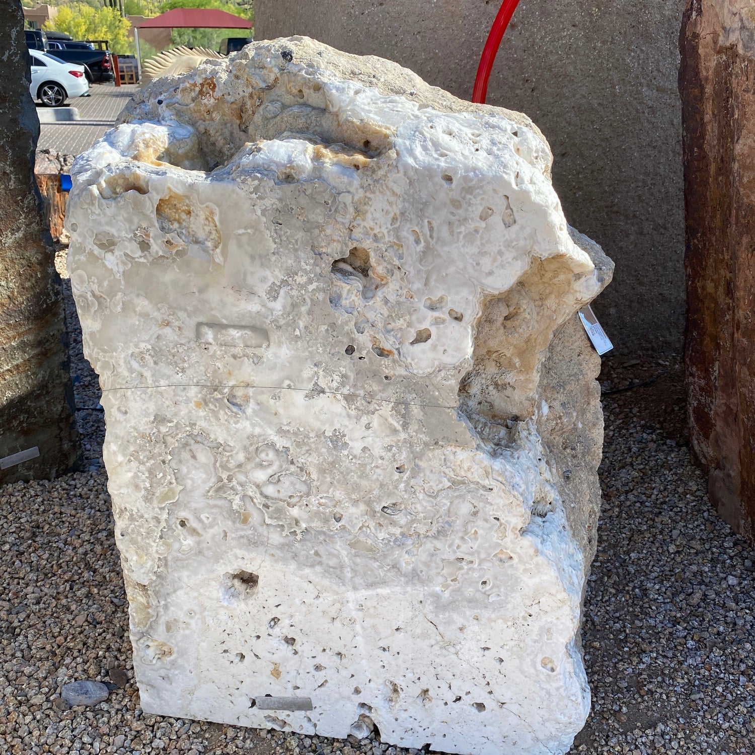 White Gray Pearlescent Onyx Fountain With Top Vug & Caliche Back