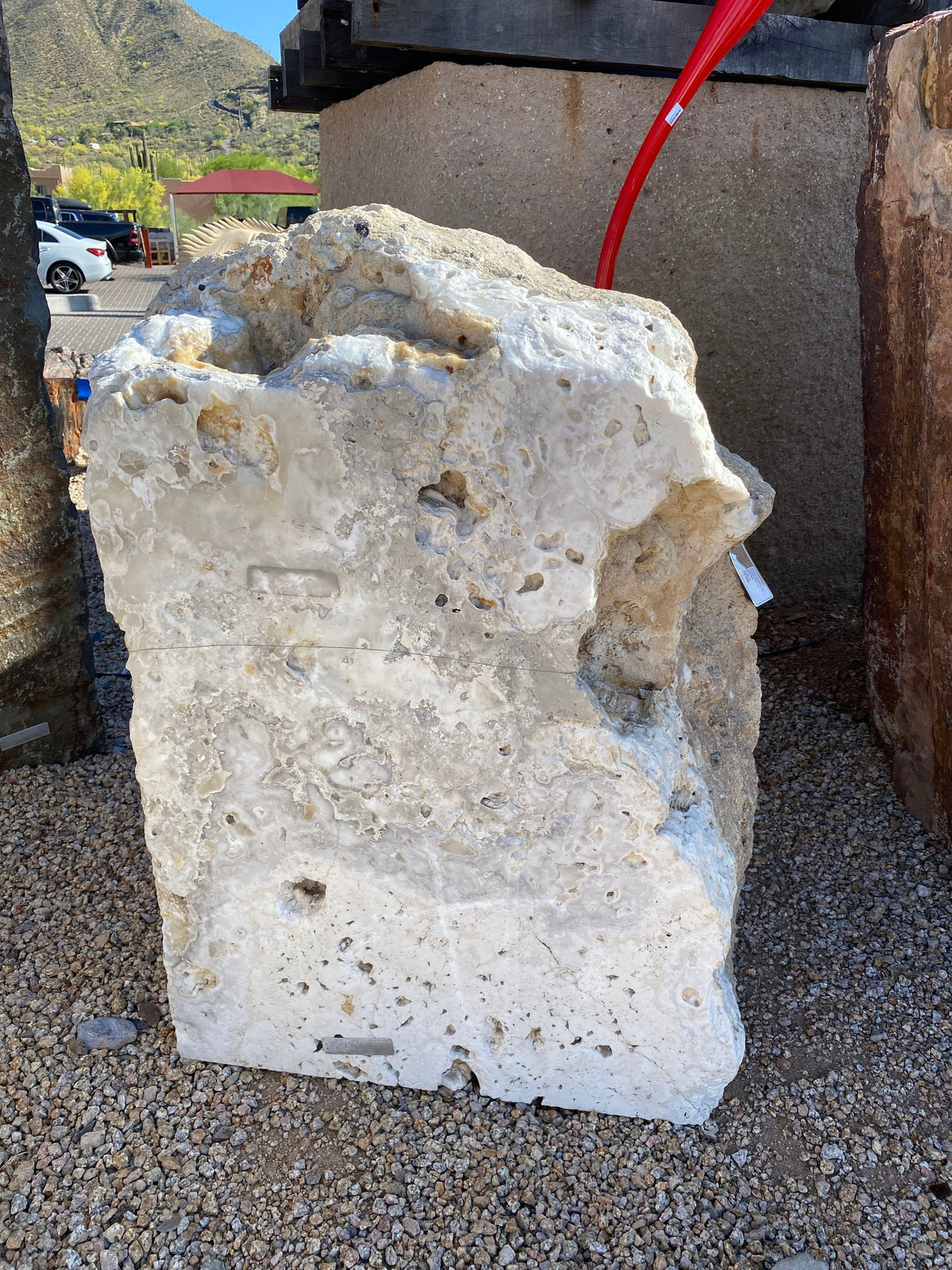 White Gray Pearlescent Onyx Fountain With Top Vug & Caliche Back