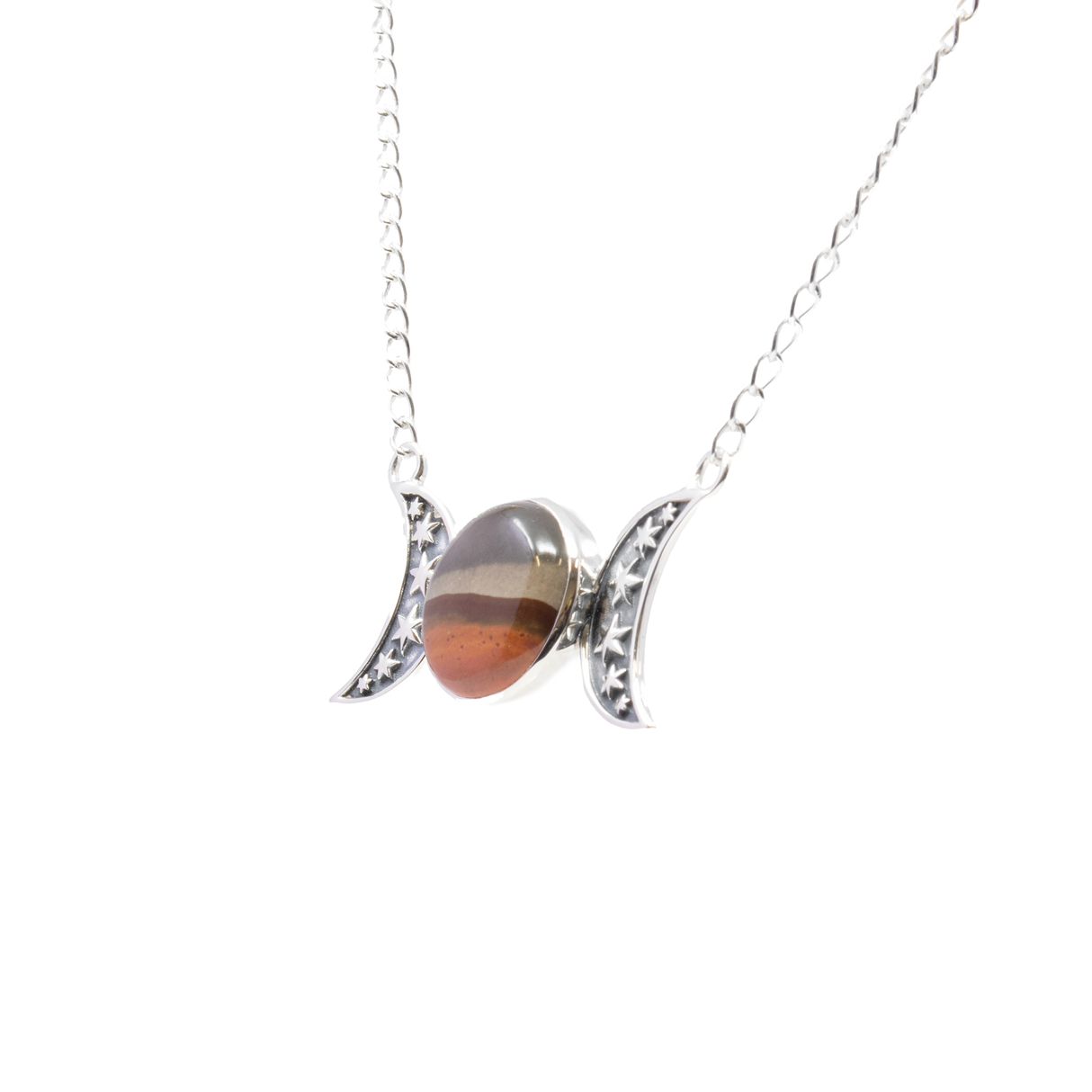 Polychrome Jasper Necklace - Round Cabochon with Simple Bezel & 2 925 Sterling Silver Moons with Stars Stamped in Center