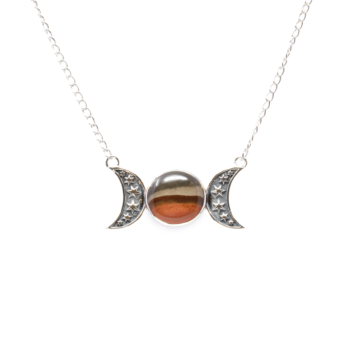 View of Polychrome Jasper Necklace - Round Cabochon with Simple Bezel & 2 925 Sterling Silver Moons with Stars Stamped in Center