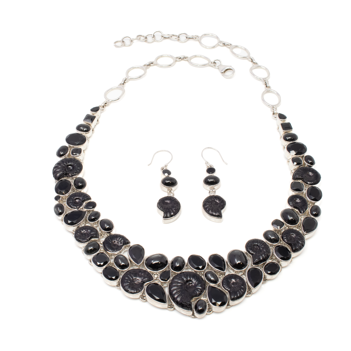 View of Black Ammonite Set - Necklace & Dangles Earrings with Faceted Black Onyx & Black Star Garnet Cabochons