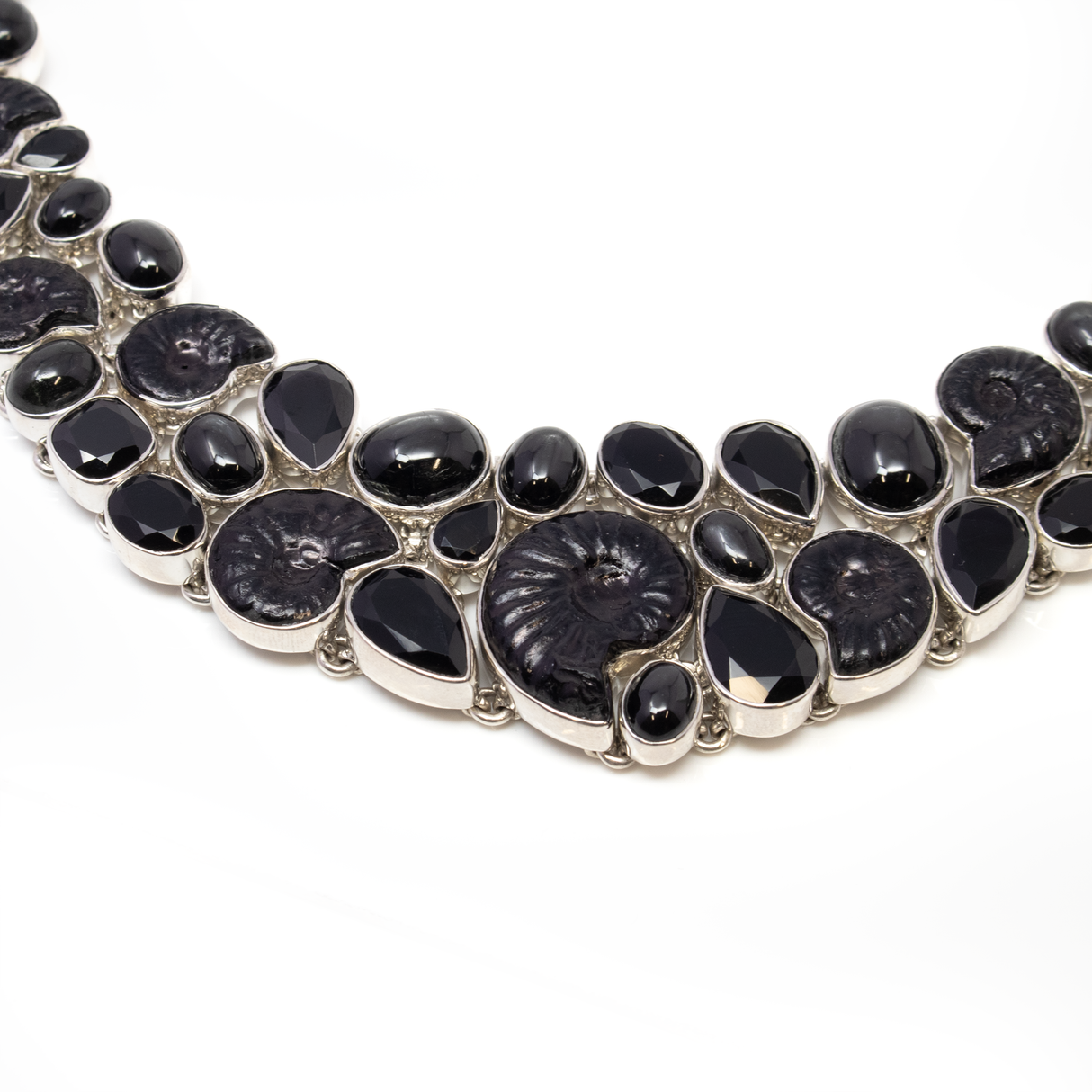 Black Ammonite Set - Necklace & Dangles Earrings with Faceted Black Onyx & Black Star Garnet Cabochons