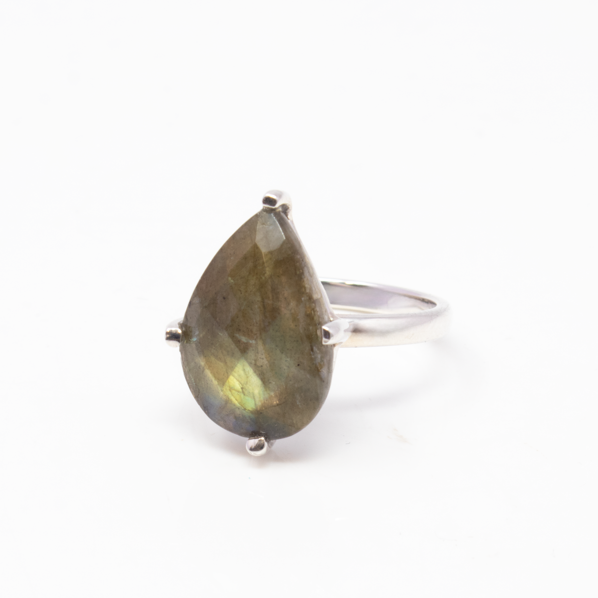 Faceted Labradorite Ring - Prong Set Pear Set on Simple 925 Sterling Silver Band sz6