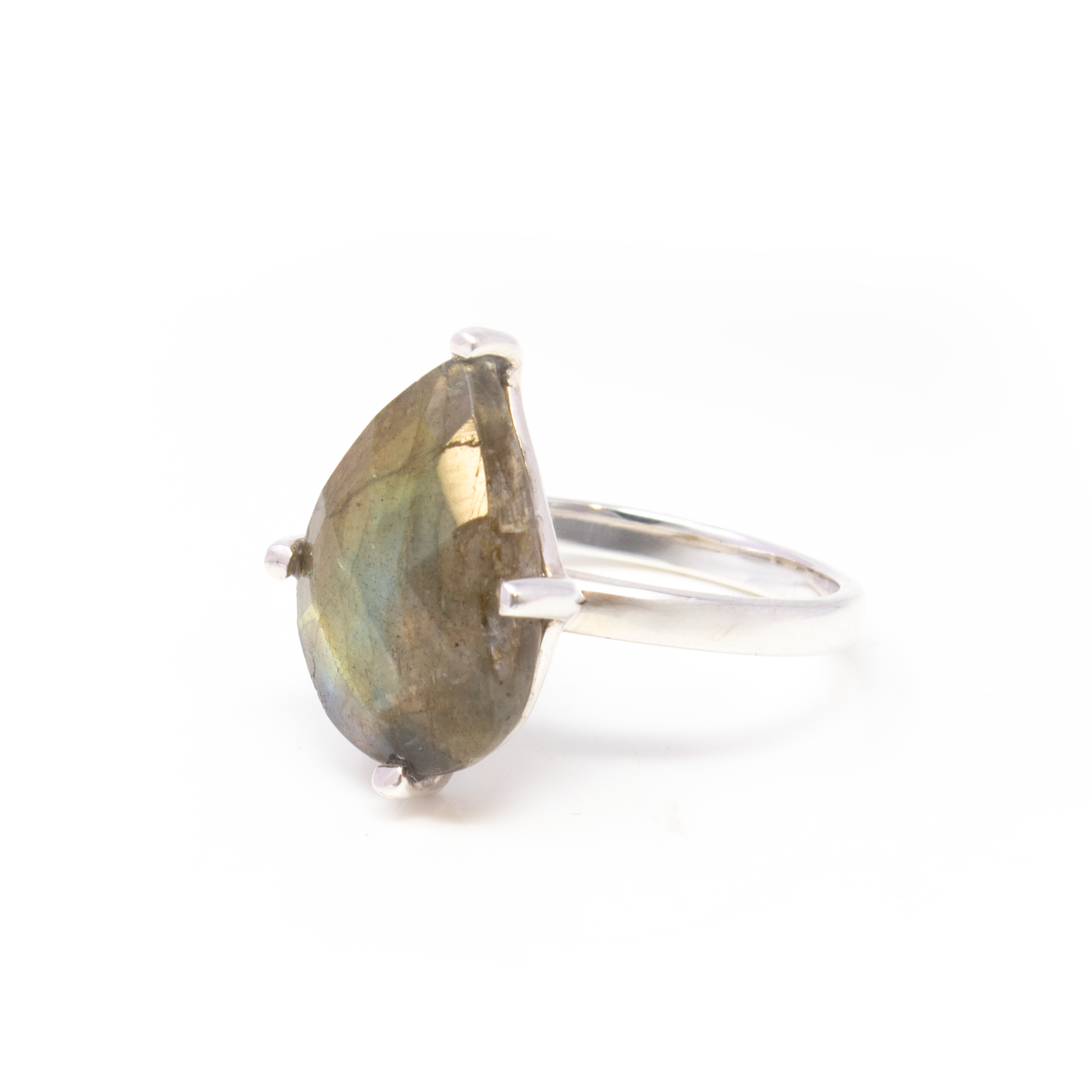View of Faceted Labradorite Ring - Prong Set Pear Set on Simple 925 Sterling Silver Band sz6