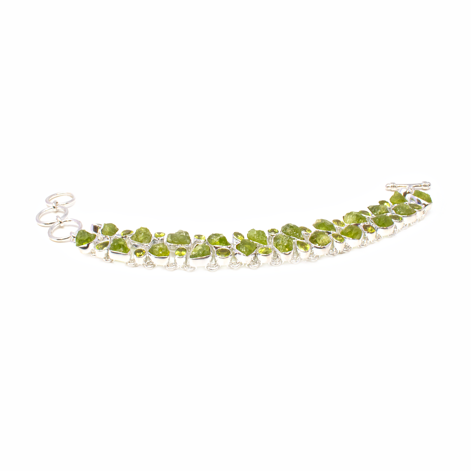 View of Peridot Link Bracelet - Rough Freeforms & Faceted Geometrics Set in 925 Sterling Silver Bezels - Toggle Clasp