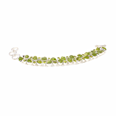 View of Peridot Link Bracelet - Rough Freeforms & Faceted Geometrics Set in 925 Sterling Silver Bezels - Toggle Clasp
