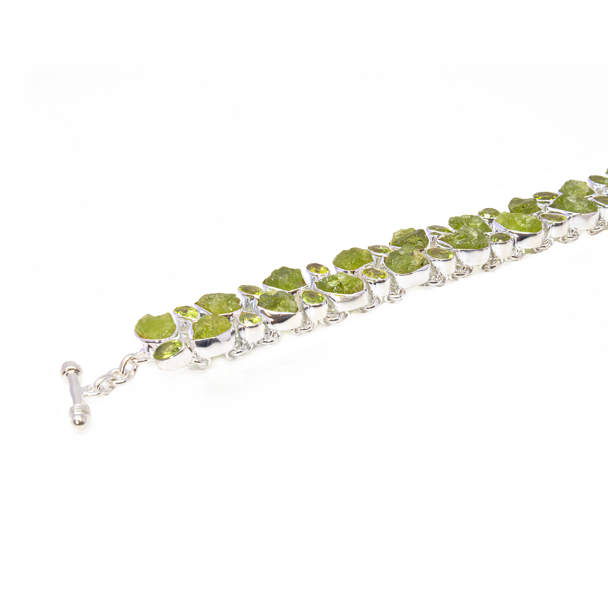 Peridot Link Bracelet - Rough Freeforms & Faceted Geometrics Set in 925 Sterling Silver Bezels - Toggle Clasp