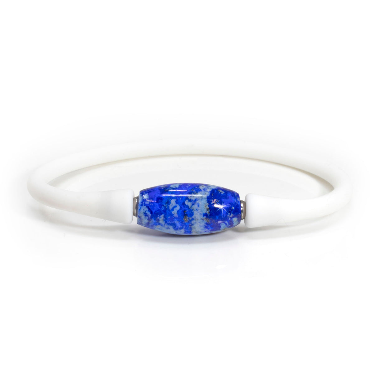 Lapis Lazuli Bangle Bracelet - Barrel Bead Set on White Silicone Band