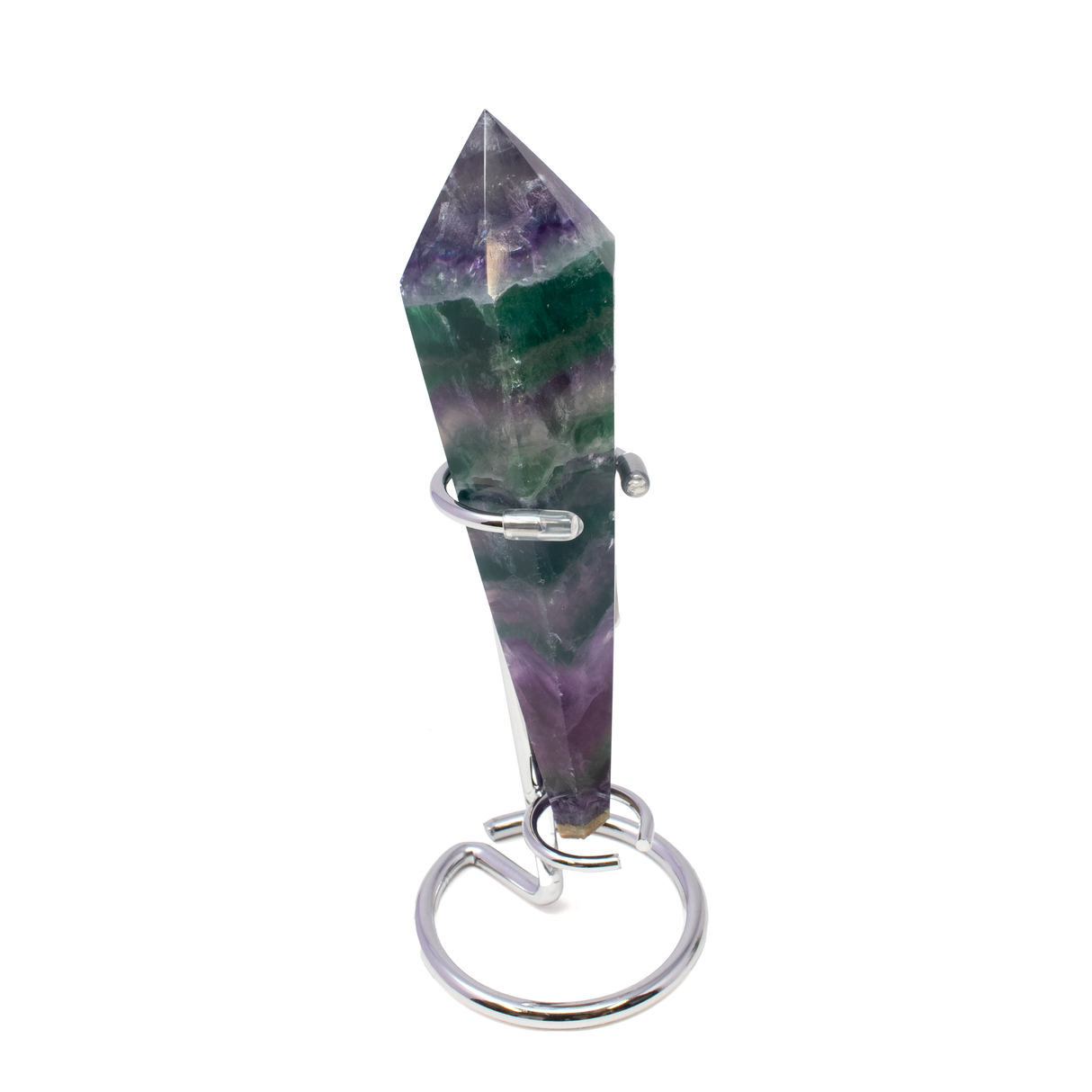 View of Rainbow Fluorite Tapered Point with Stainless Steel Spiral Stand