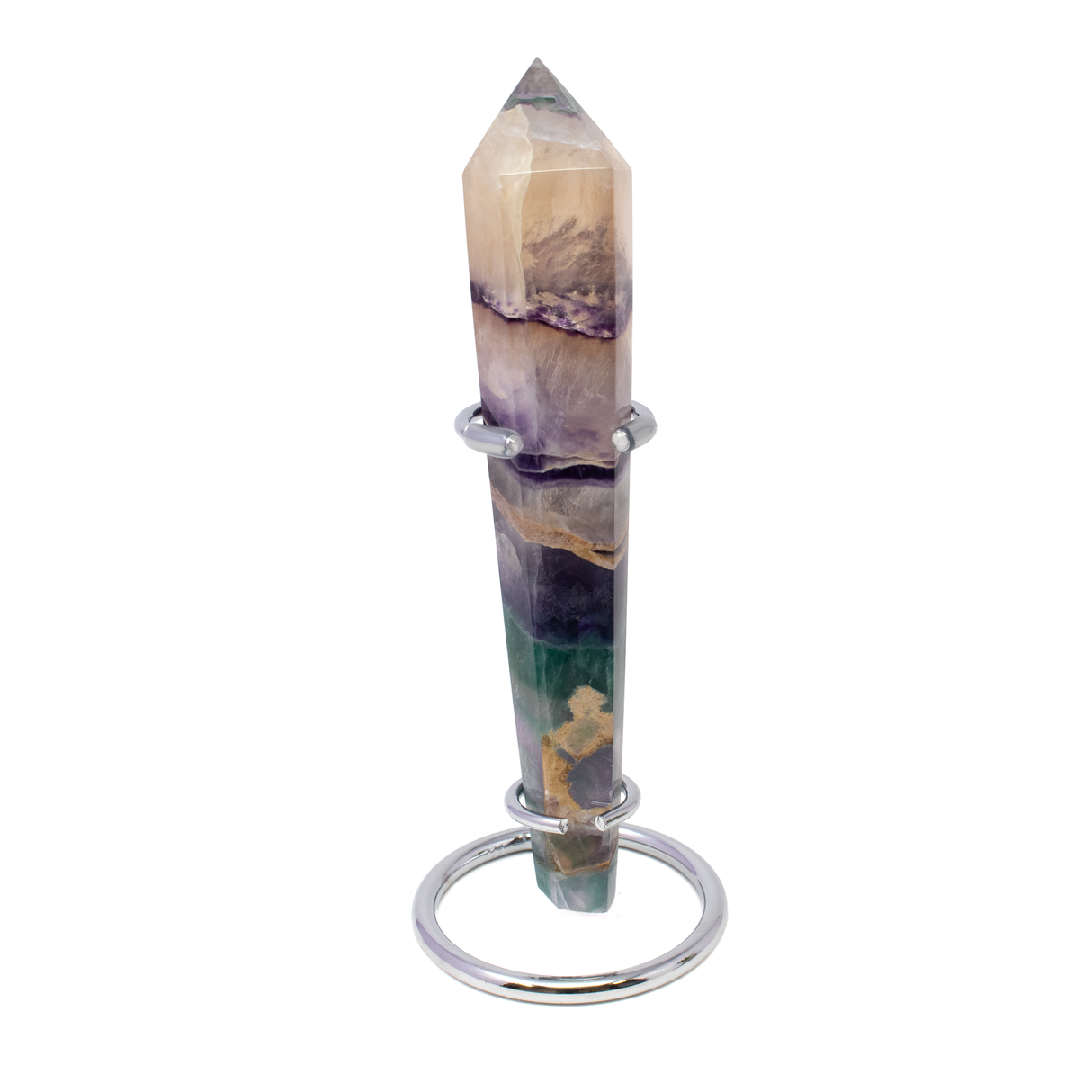 View of Rainbow Fluorite Tapered Point with Stainless Steel Spiral Stand