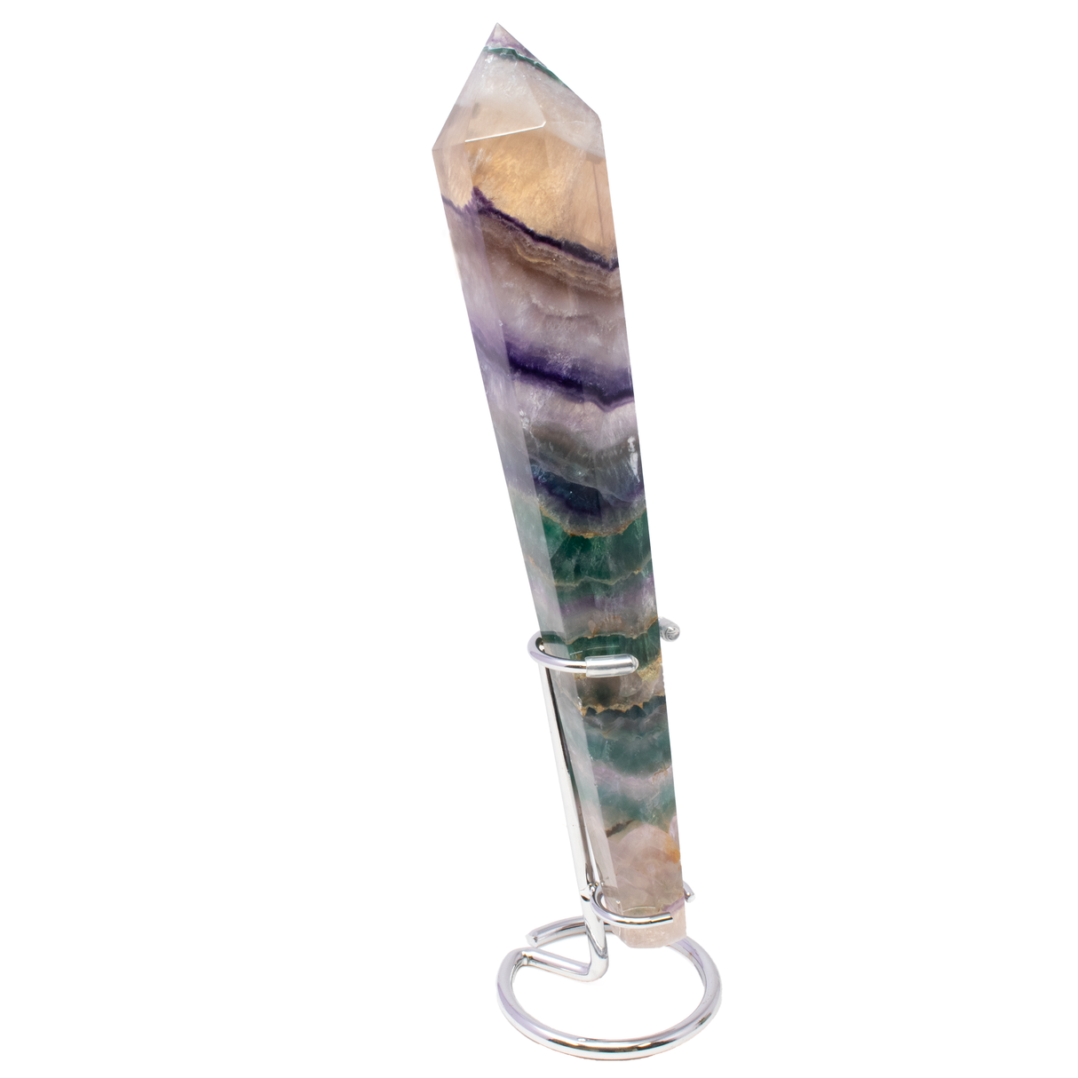 View of Rainbow Fluorite Tapered Point with Stainless Steel Spiral Stand