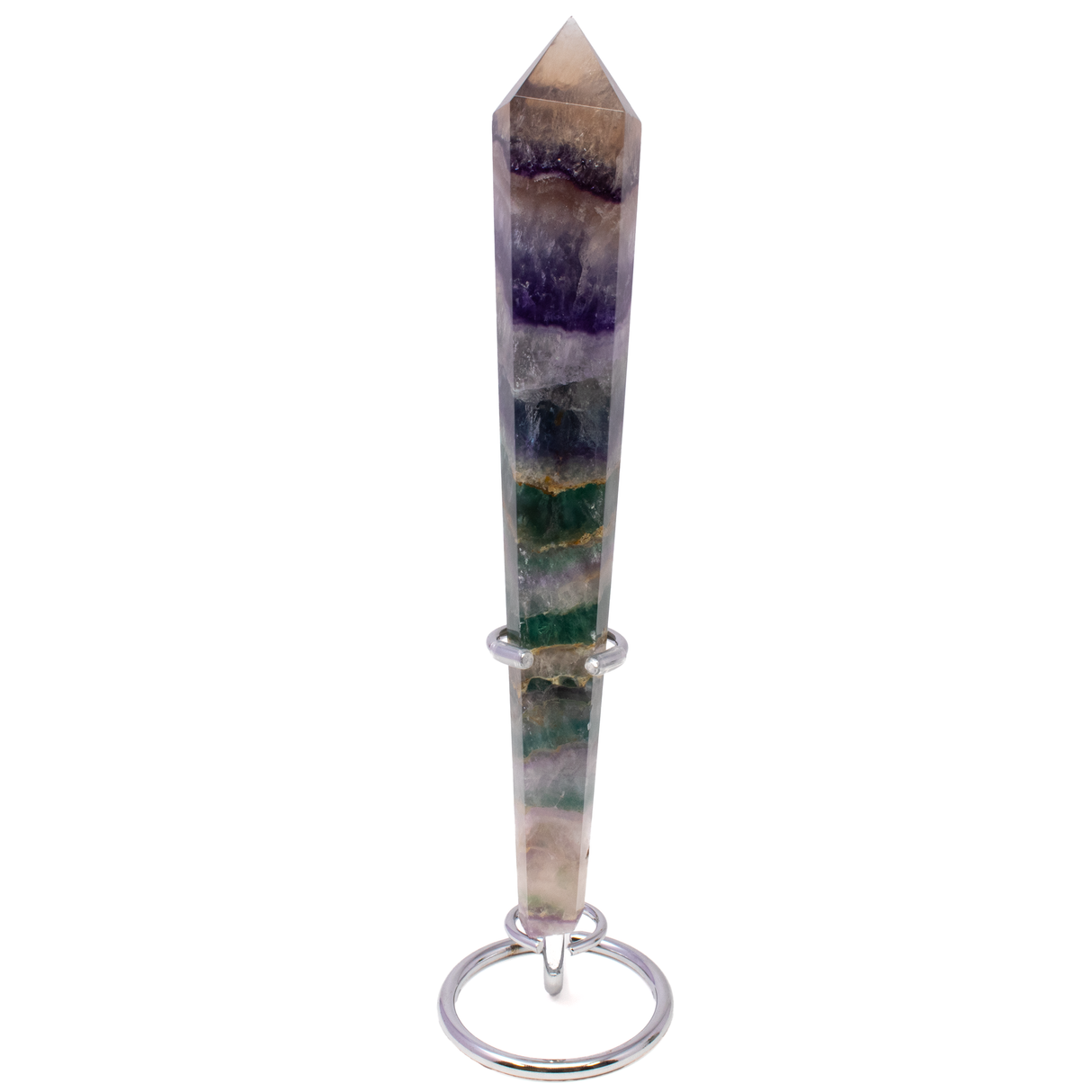 View of Rainbow Fluorite Tapered Point with Stainless Steel Spiral Stand