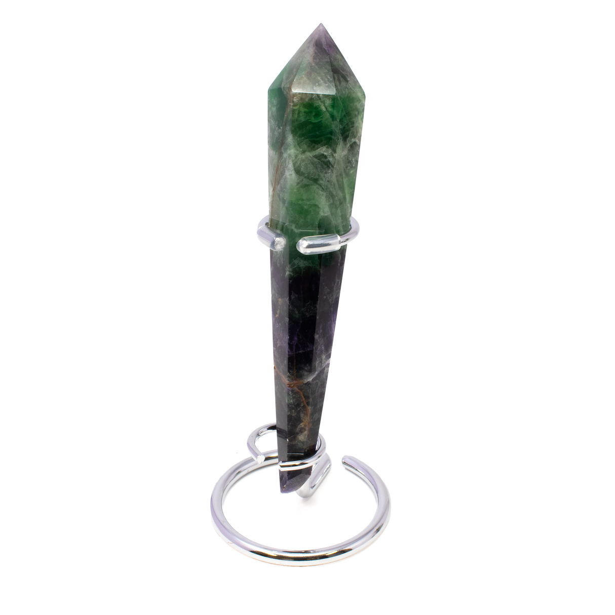 View of Rainbow Fluorite Tapered Point with Stainless Steel Spiral Stand