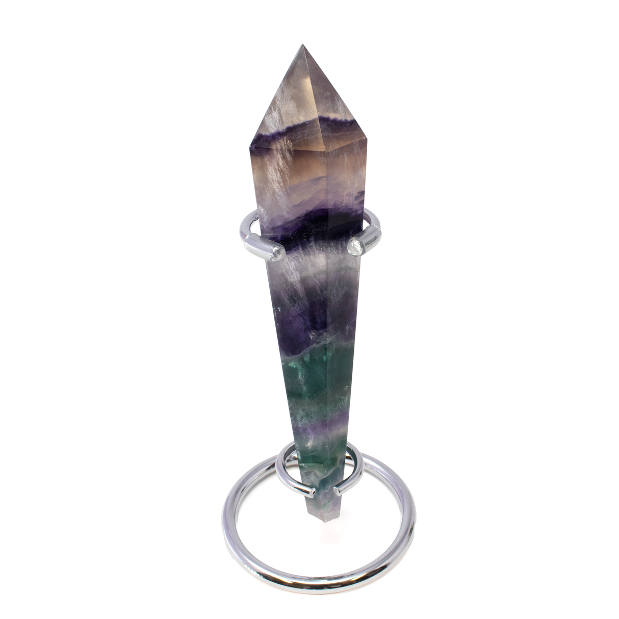 View of Rainbow Fluorite Tapered Point with Stainless Steel Spiral Stand
