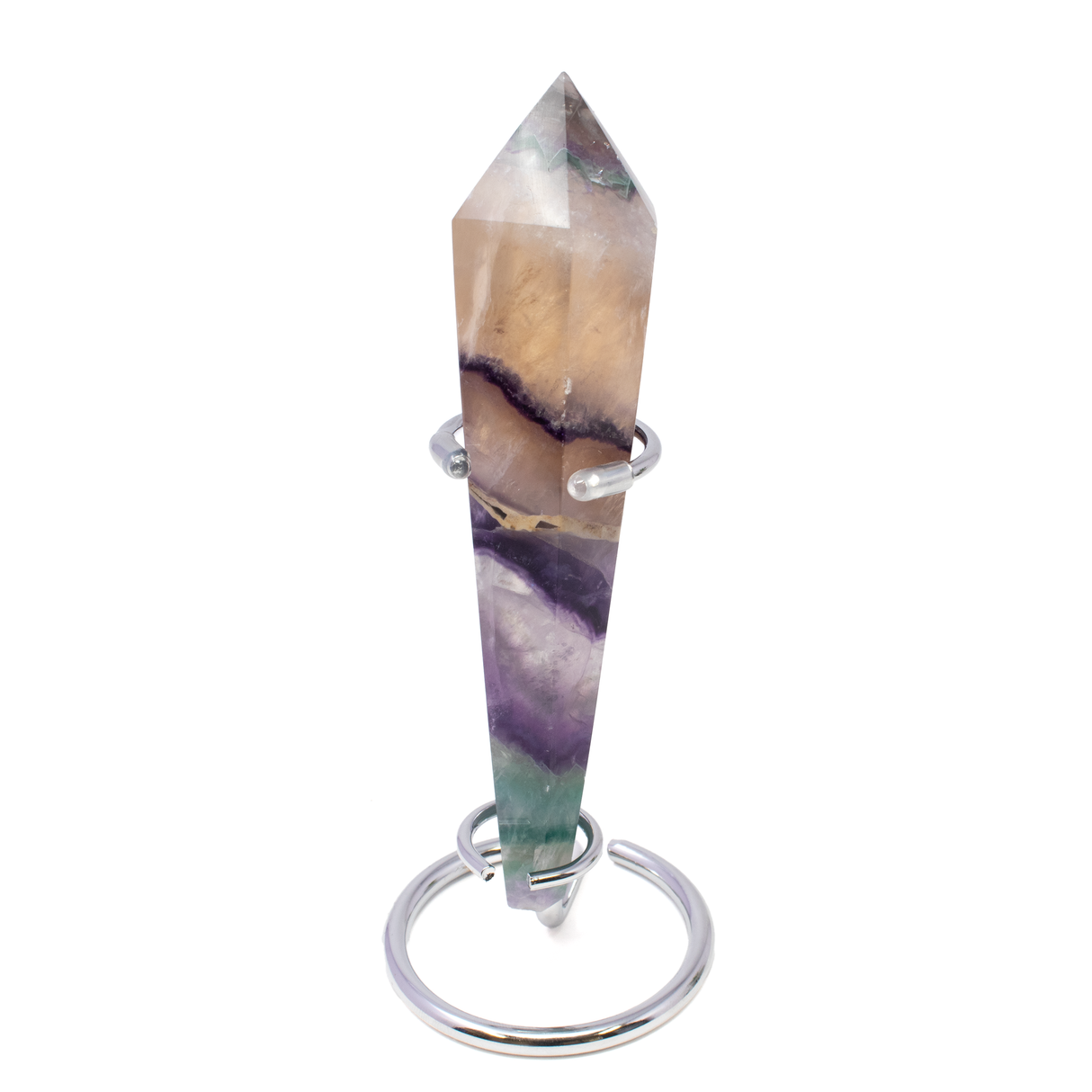 View of Rainbow Fluorite Tapered Point with Stainless Steel Spiral Stand