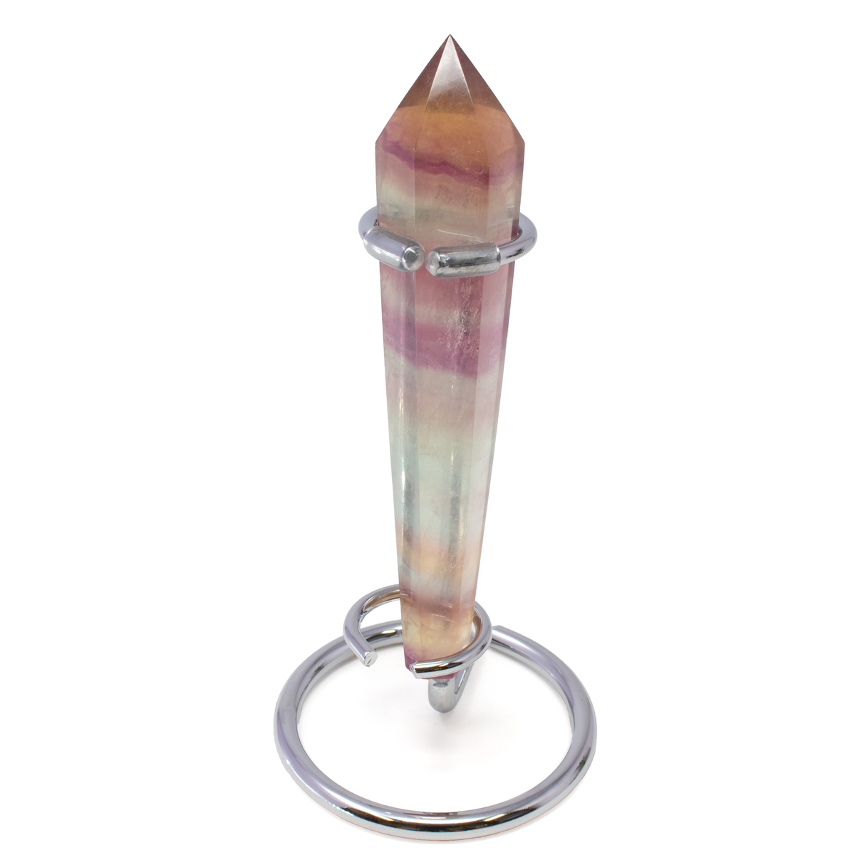 View of Candy Fluorite Tapered Point with Stainless Steel Spiral Stand