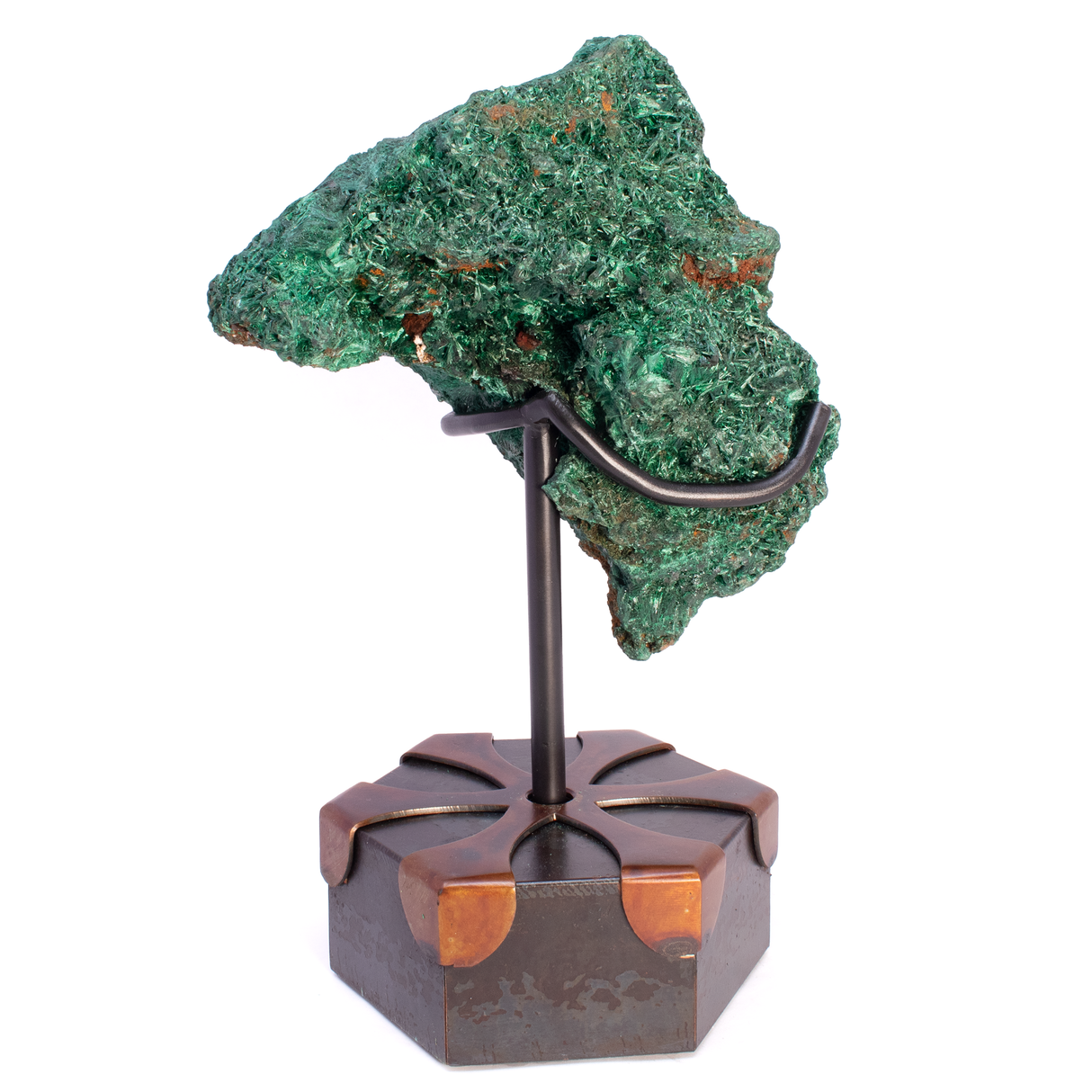 Chatoyant Malachite Specimen on Rotating Metal Stand with 2-Tone Patina Finish