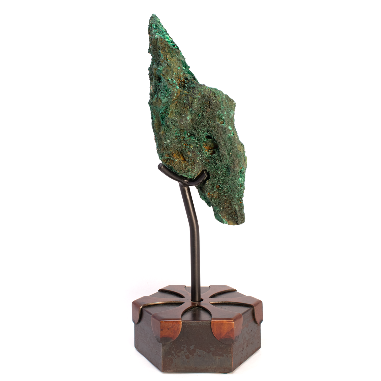 Chatoyant Malachite Specimen on Rotating Metal Stand with 2-Tone Patina Finish