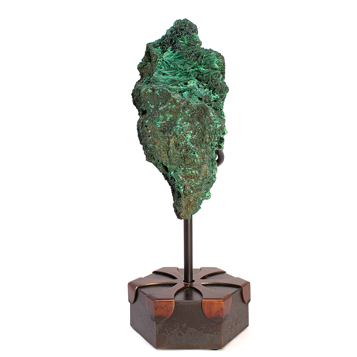 View of Chatoyant Malachite Specimen on Rotating Metal Stand with 2-Tone Patina Finish