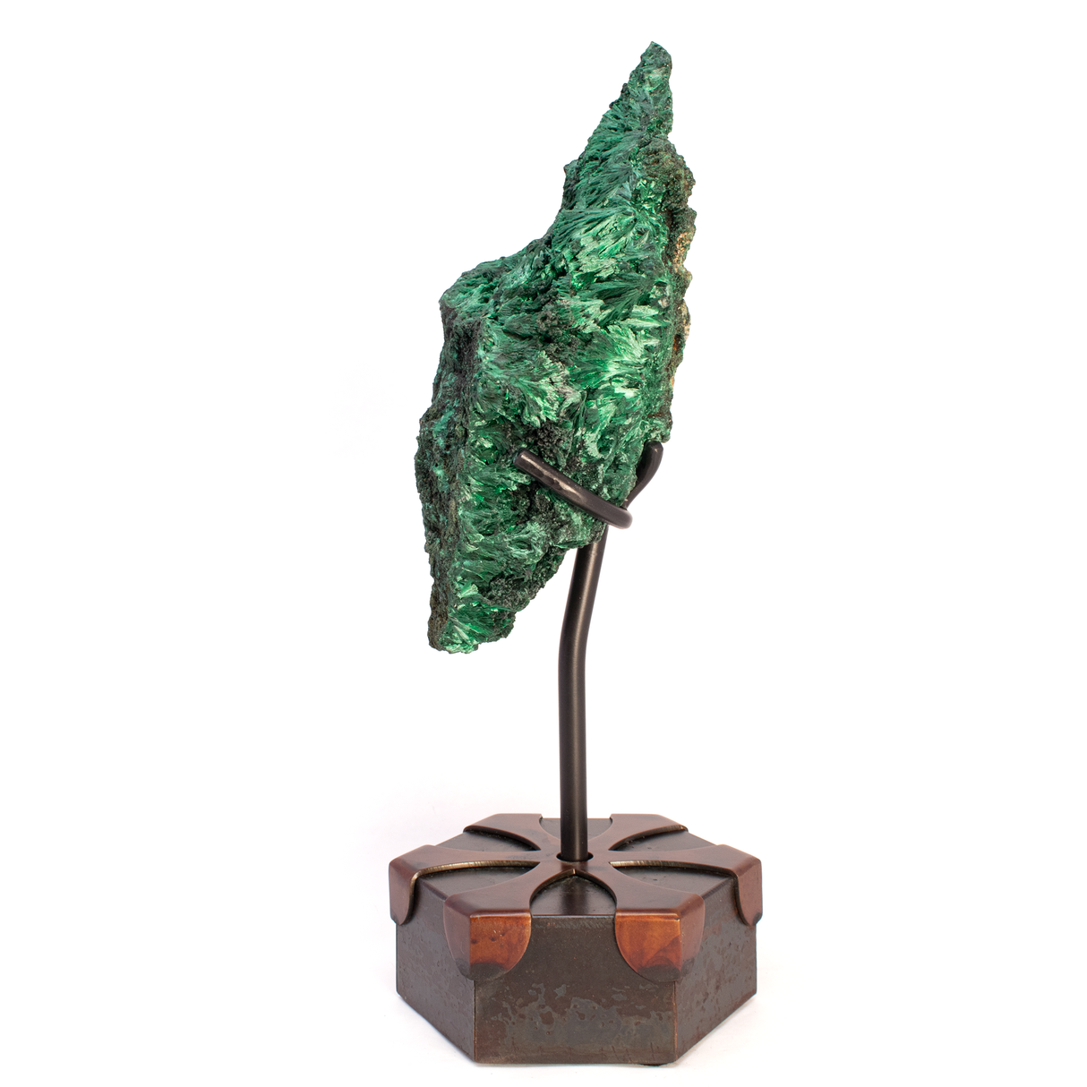 Chatoyant Malachite Specimen on Rotating Metal Stand with 2-Tone Patina Finish