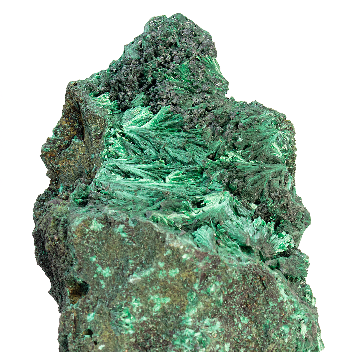 Chatoyant Malachite Specimen on Rotating Metal Stand with 2-Tone Patina Finish