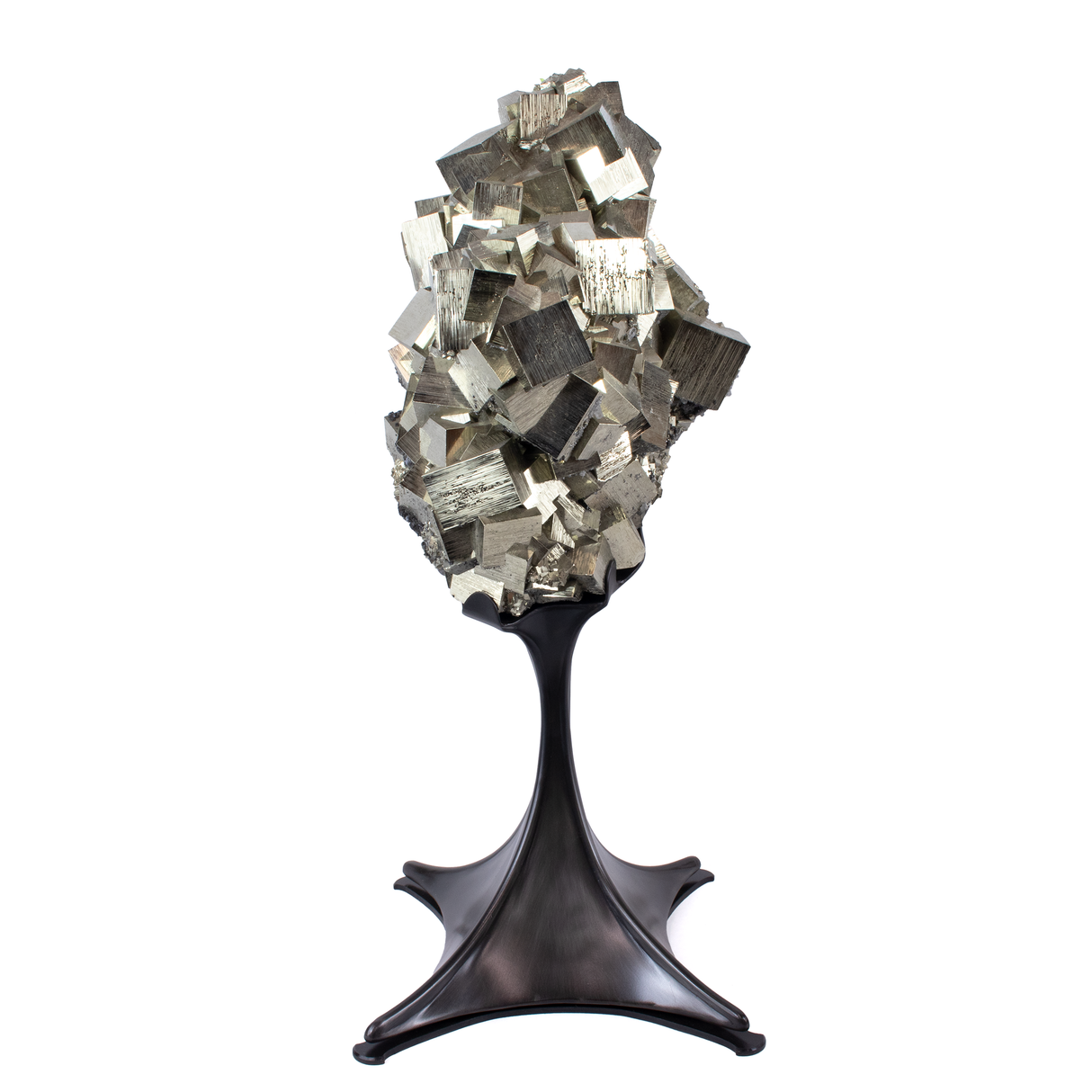 View of A+ Cubic Pyrite Cluster on Custom Metal Spinning Stand with Graceful Design & Magnetic Feature from Colombia