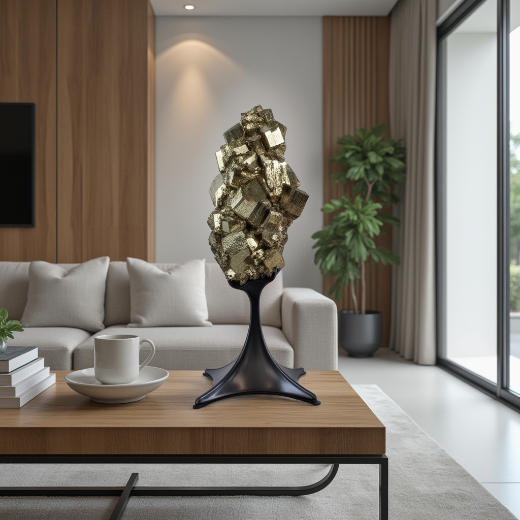 A+ Cubic Pyrite Cluster on Custom Metal Spinning Stand with Graceful Design & Magnetic Feature from Colombia