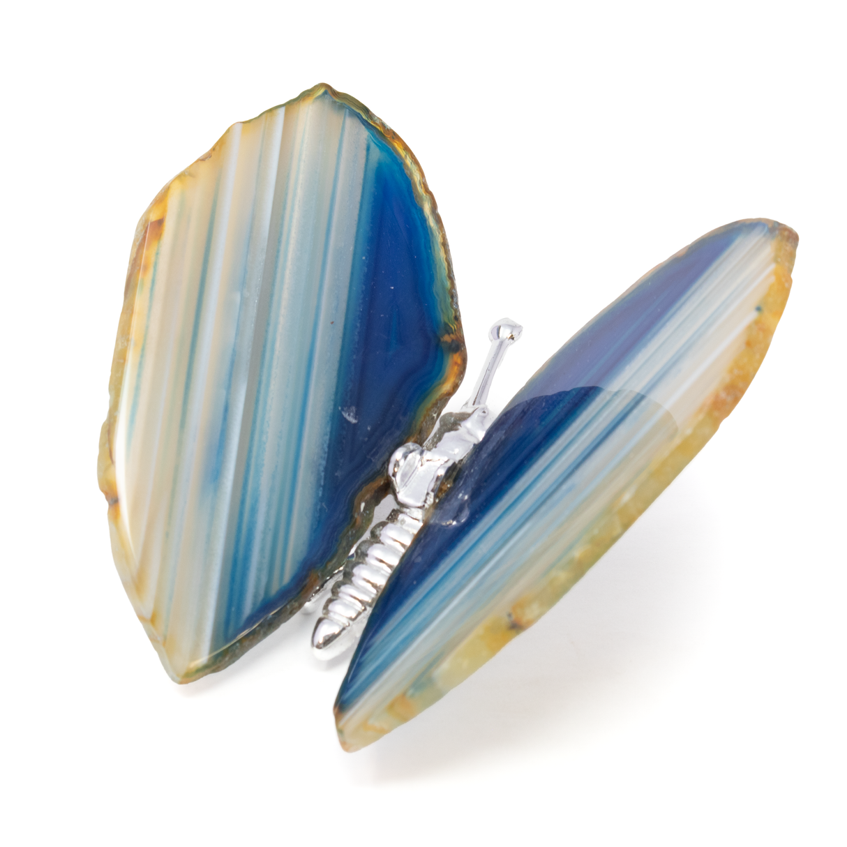 View of Dyed Blue Agate Slice Butterfly with Silver Body