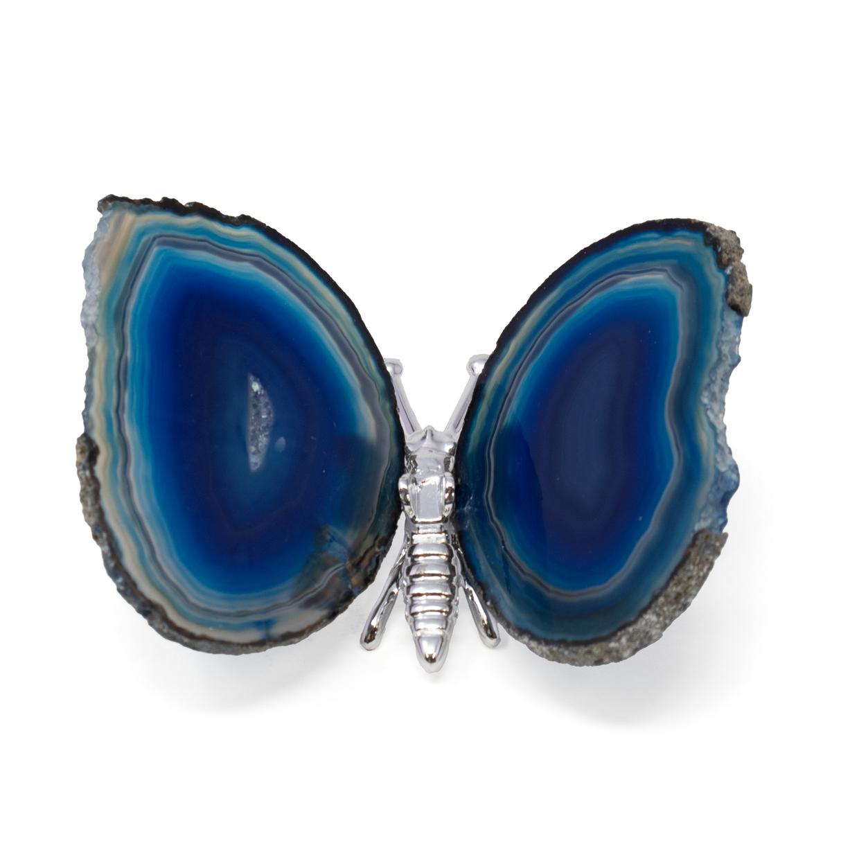 View of Dyed Blue Agate Slice Butterfly with Silver Body