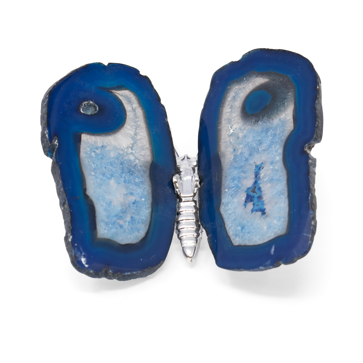 View of Dyed Blue Agate Slice Butterfly with Silver Body