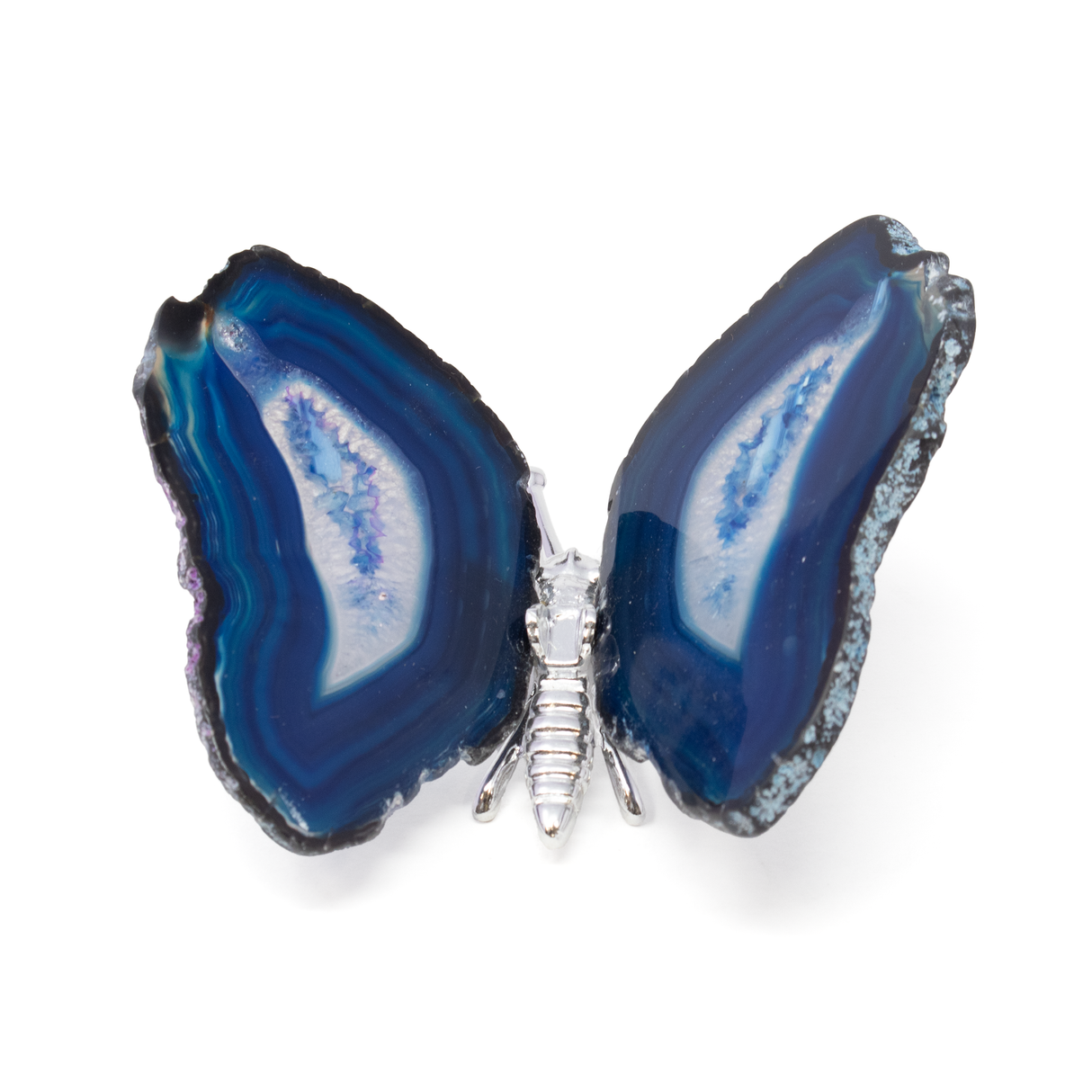 View of Dyed Blue Agate Slice Butterfly with Silver Body