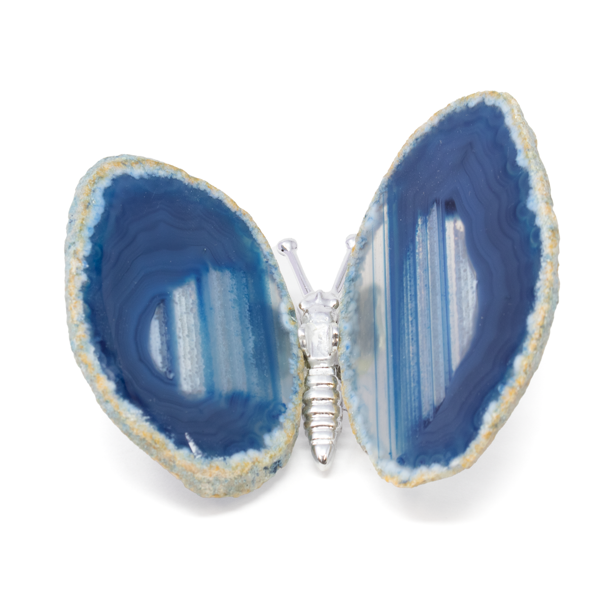 View of Dyed Blue Agate Slice Butterfly with Silver Body