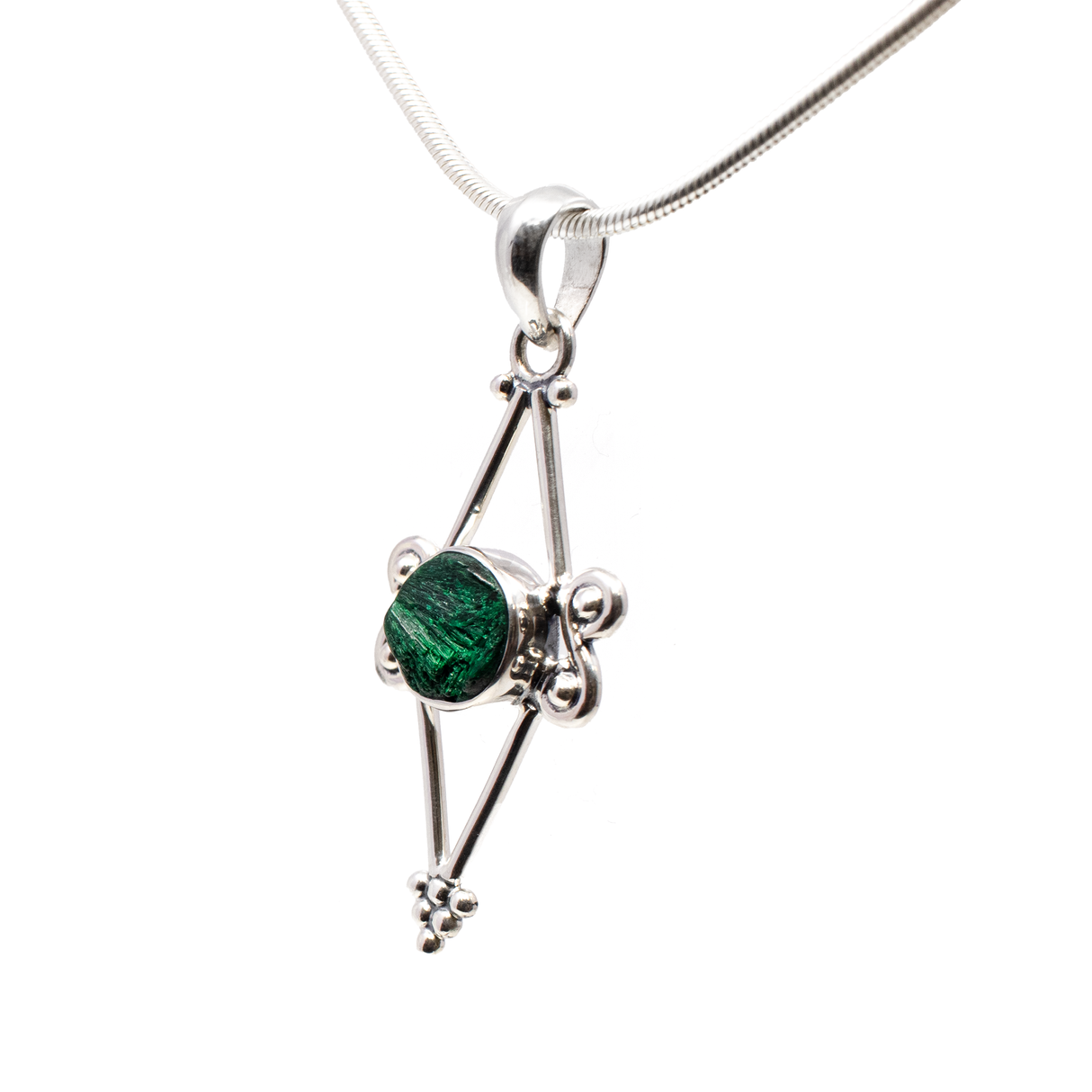 Chatoyant Malachite Pendant - Round Set in 925 Sterling Silver Bezel on Open Diamond Design with Beading & Filigree