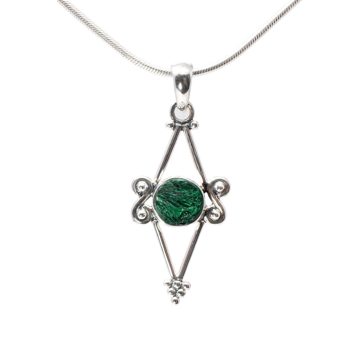 View of Chatoyant Malachite Pendant - Round Set in 925 Sterling Silver Bezel on Open Diamond Design with Beading & Filigree
