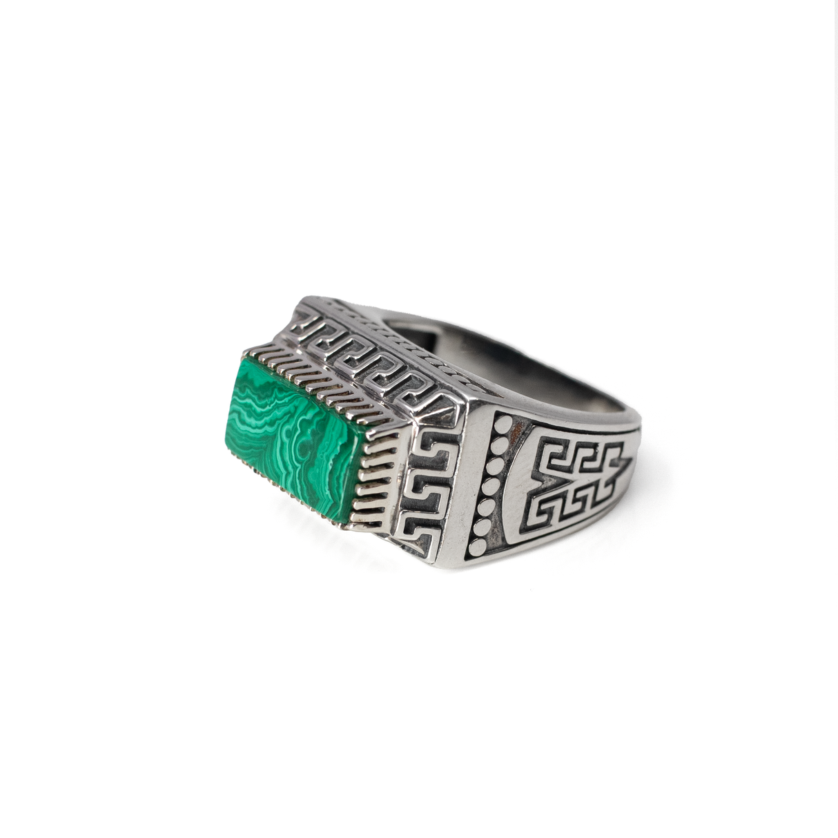 View of Malachite Ring - Flat Cut East-West Set Rectangle Set on 925 Sterling Silver Signet Style Band with Aztec Design sz9
