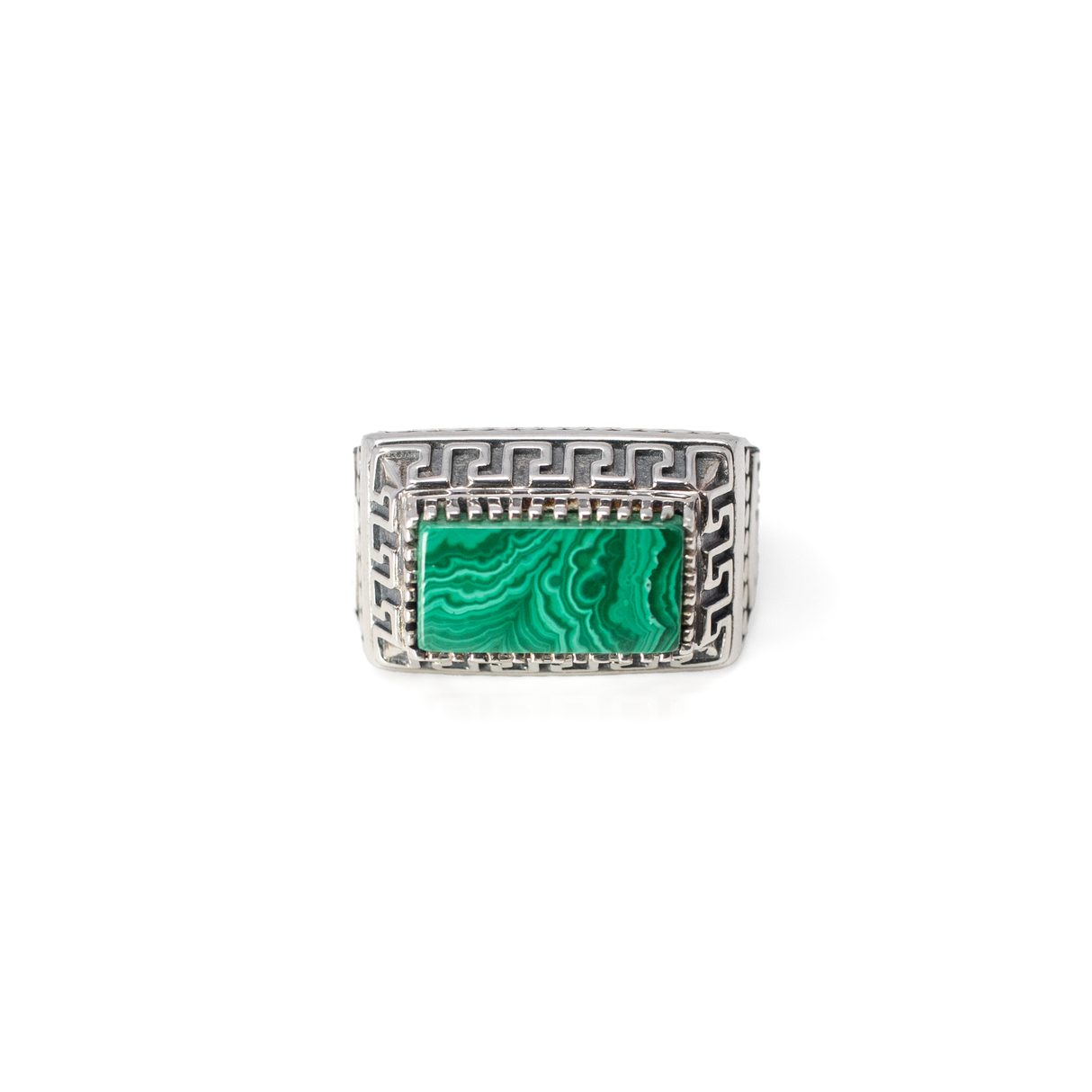 Malachite Ring - Flat Cut East-West Set Rectangle Set on 925 Sterling Silver Signet Style Band with Aztec Design sz9