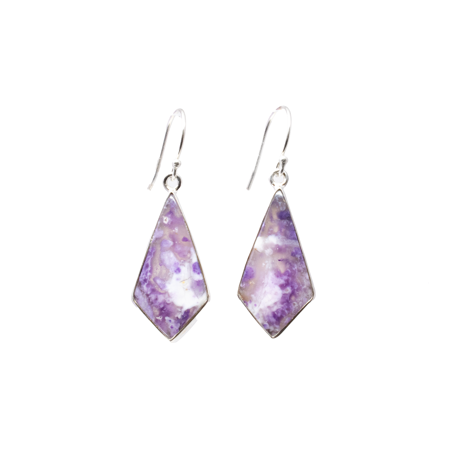 View of Purple Common Opal Dangle Earrings - Reverse Kite Flat Cut Cabochon with Simple 925 Sterling Silver Bezel