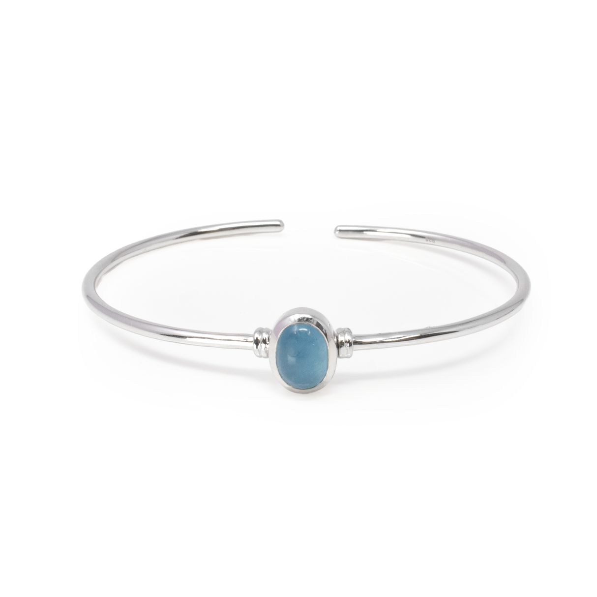 View of Aquamarine Cuff Bracelet - Oval Cabochon with 925 Sterling Silver Step Bezel