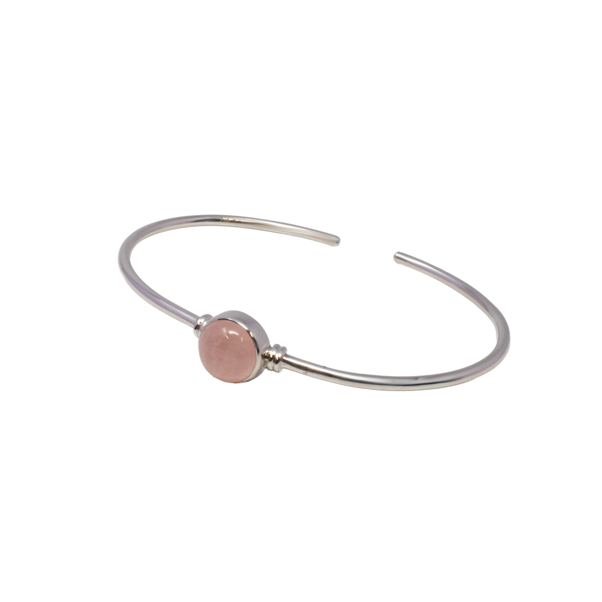 View of Morganite Cuff Bracelet - Round Cabochon Set in 925 Sterling Silver Step Bezel on Simple Single Band Cuff