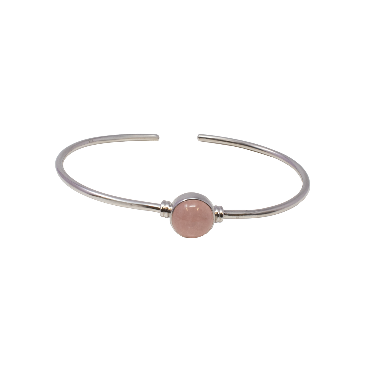 Morganite Cuff Bracelet - Round Cabochon Set in 925 Sterling Silver Step Bezel on Simple Single Band Cuff