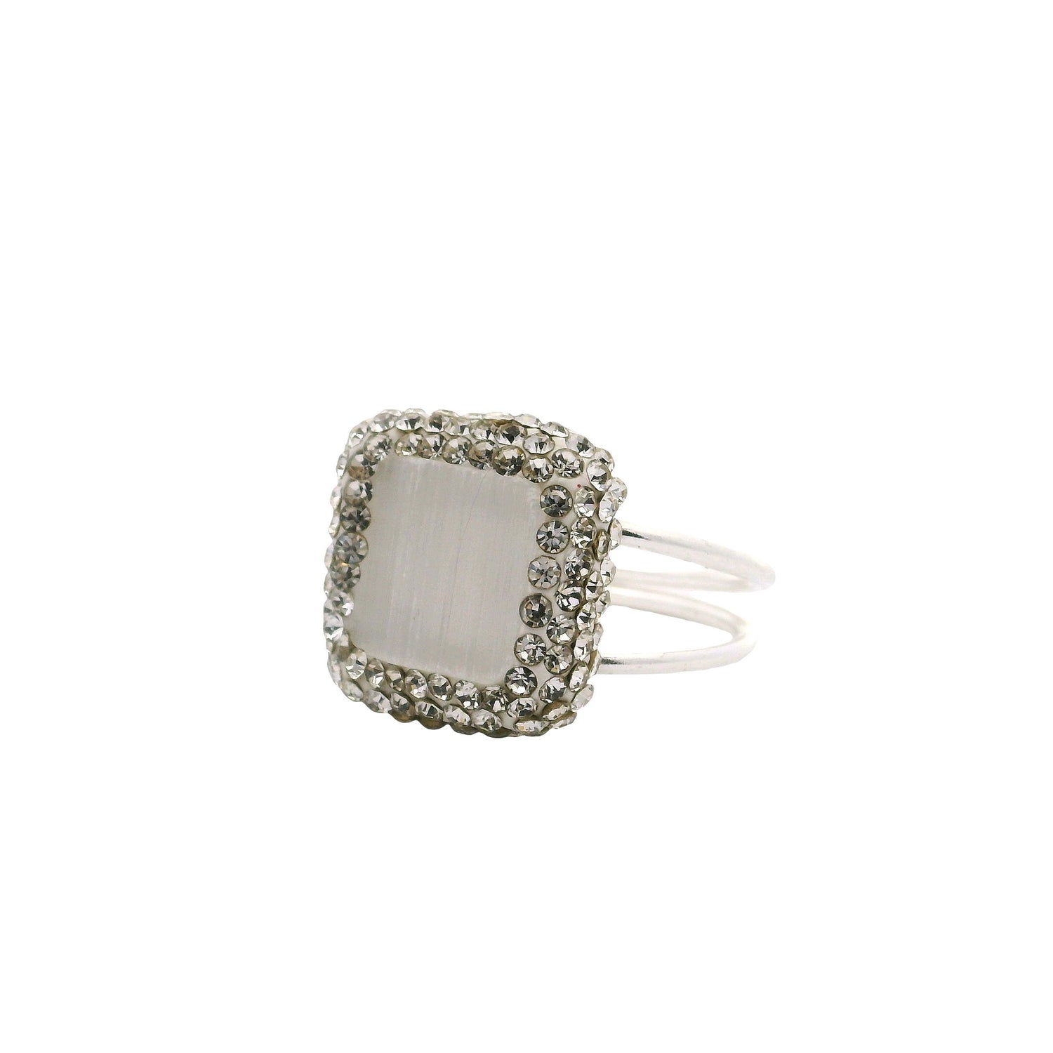 Selenite Ring - Square Surrounded by Rows of Silver Swarovski Cystals with Double Band in 925 Sterling Silver szAdj.