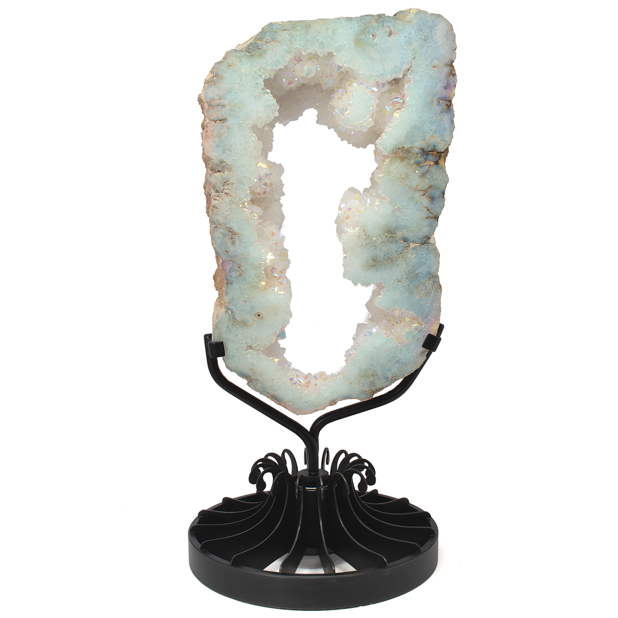 View of Silicon Oxide Geode Ring on Custom Stand with Rotating Base - One Side Cut & Polished Flat
